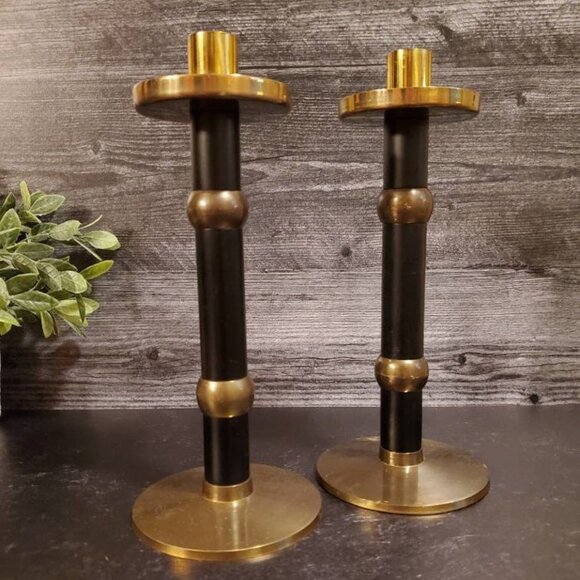 Vintage Matte Black and Brass Tall Candlesticks (1980's) - Picture 1 of 6